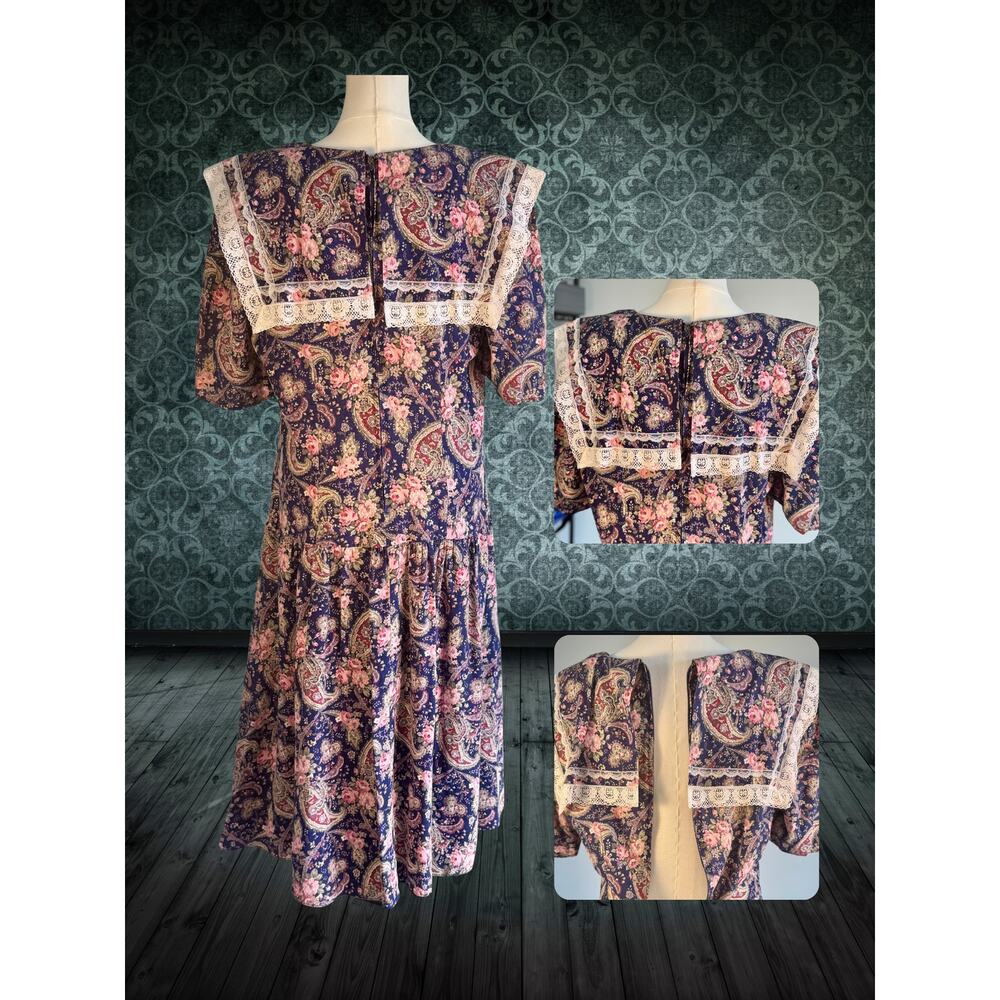 Volup Vintage 80s Lady Dorby Purple Paisley Lace Collar Drop Waist Dress 20W - Picture 4 of 7